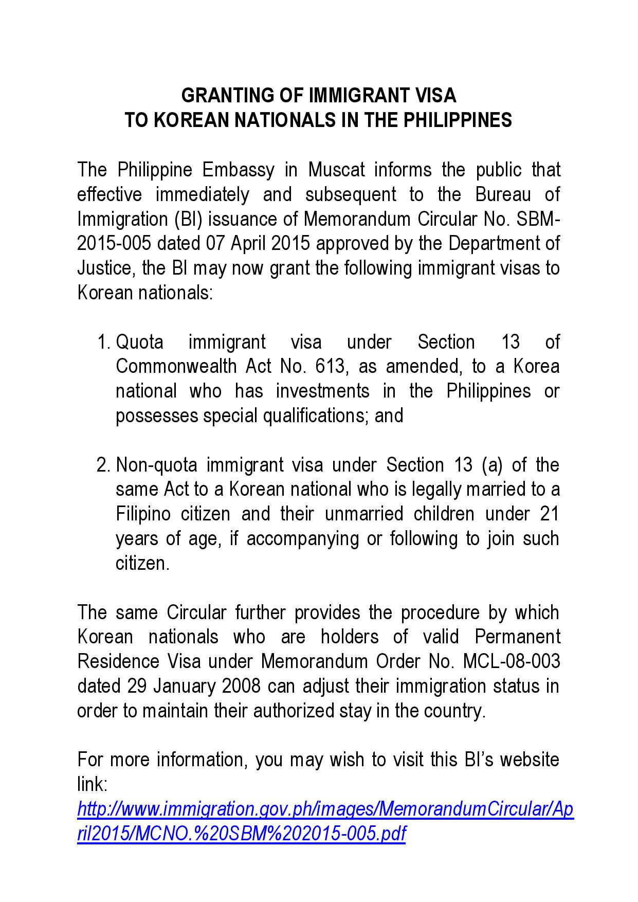 FSC 78-2015 Granting Immigrant Visa to Korean