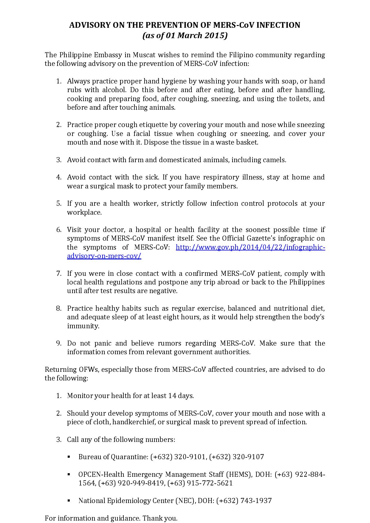 MERS-CoV Update as of 01 March 2015