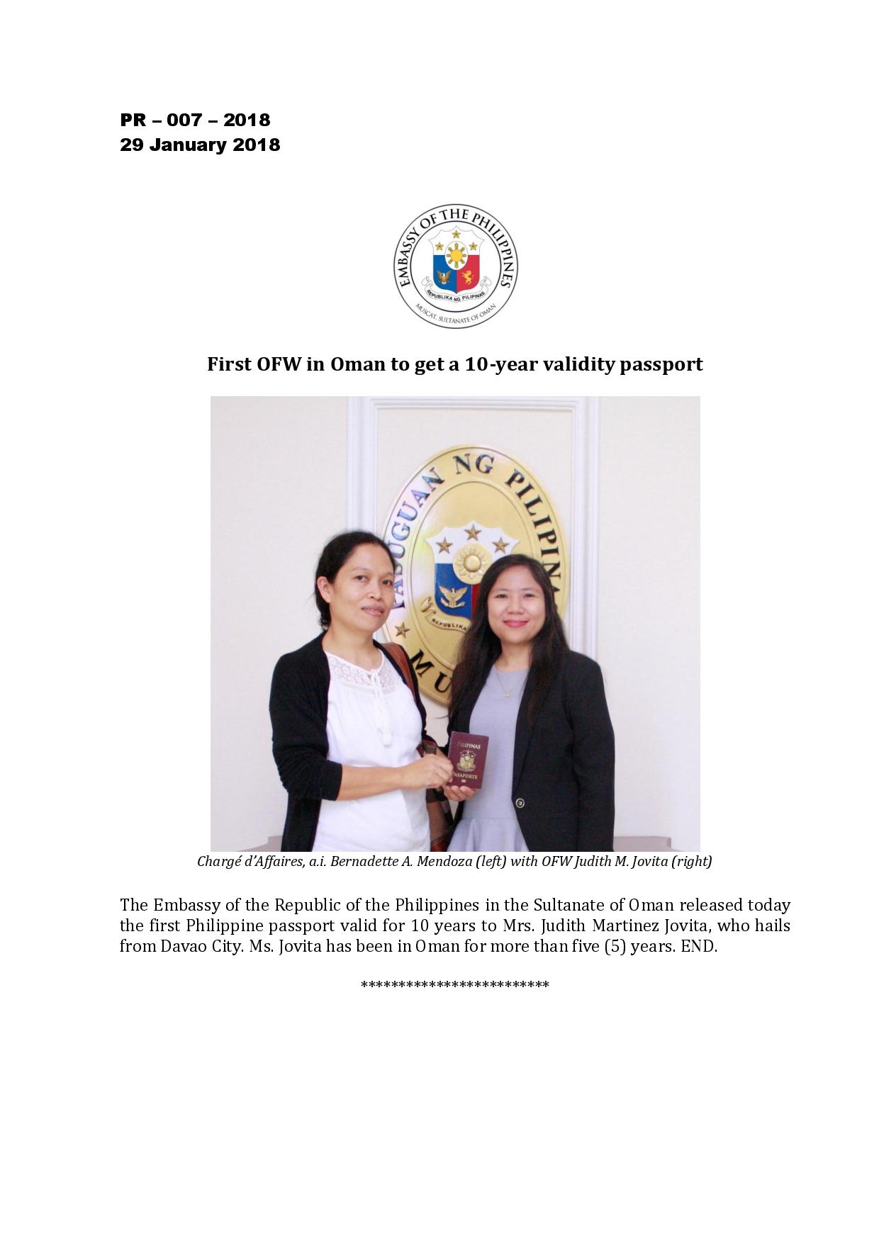 PR 007 2018 1st OFW 10 yr passport