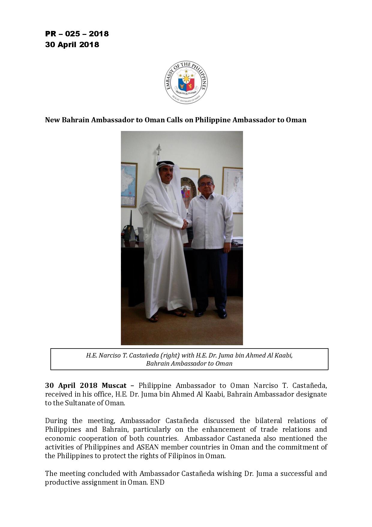 PR 025 2018 Courtesy Call Bahrain Ambassador