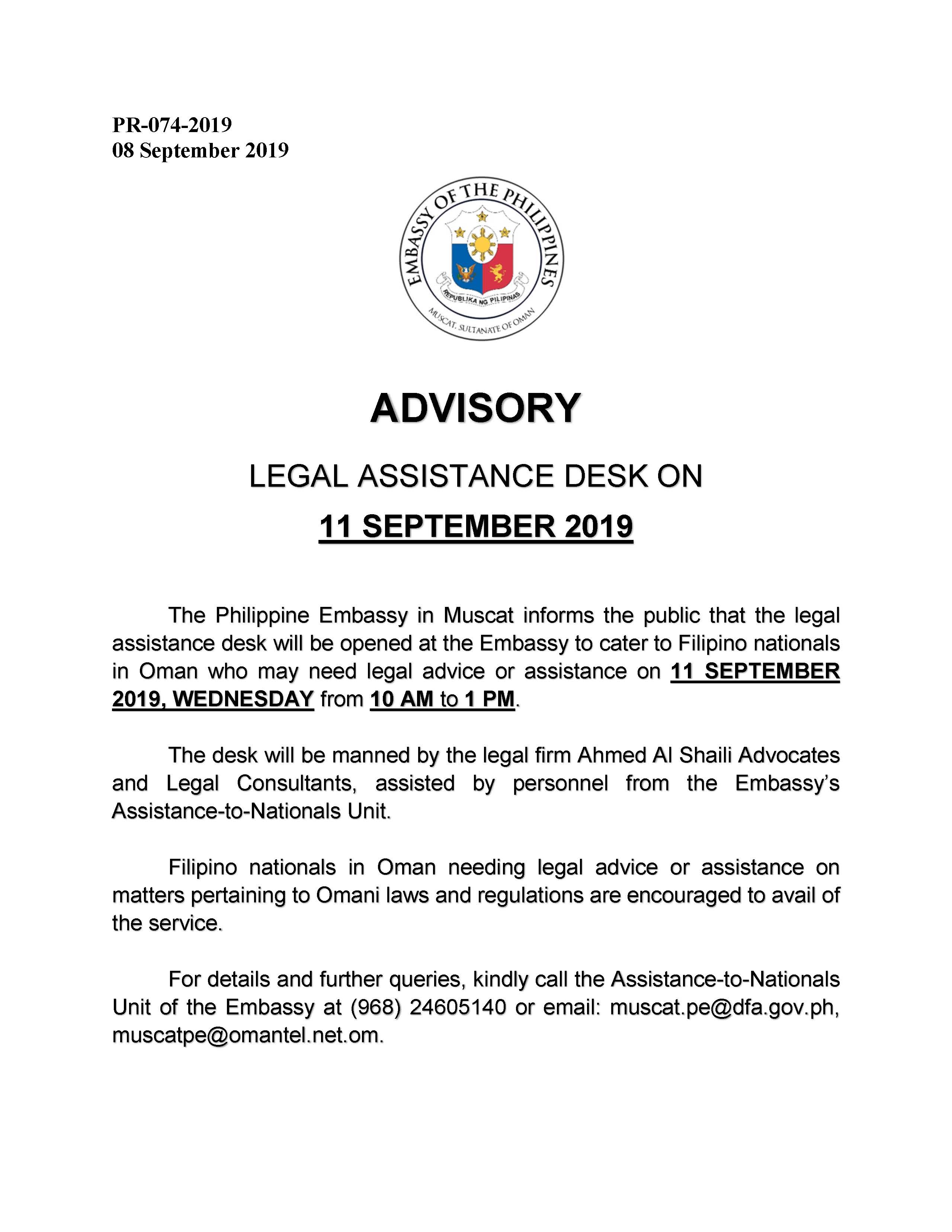 PR 074 2019 LEGAL ASSISTANCE DESK ON 11 SEPTEMBER 2019