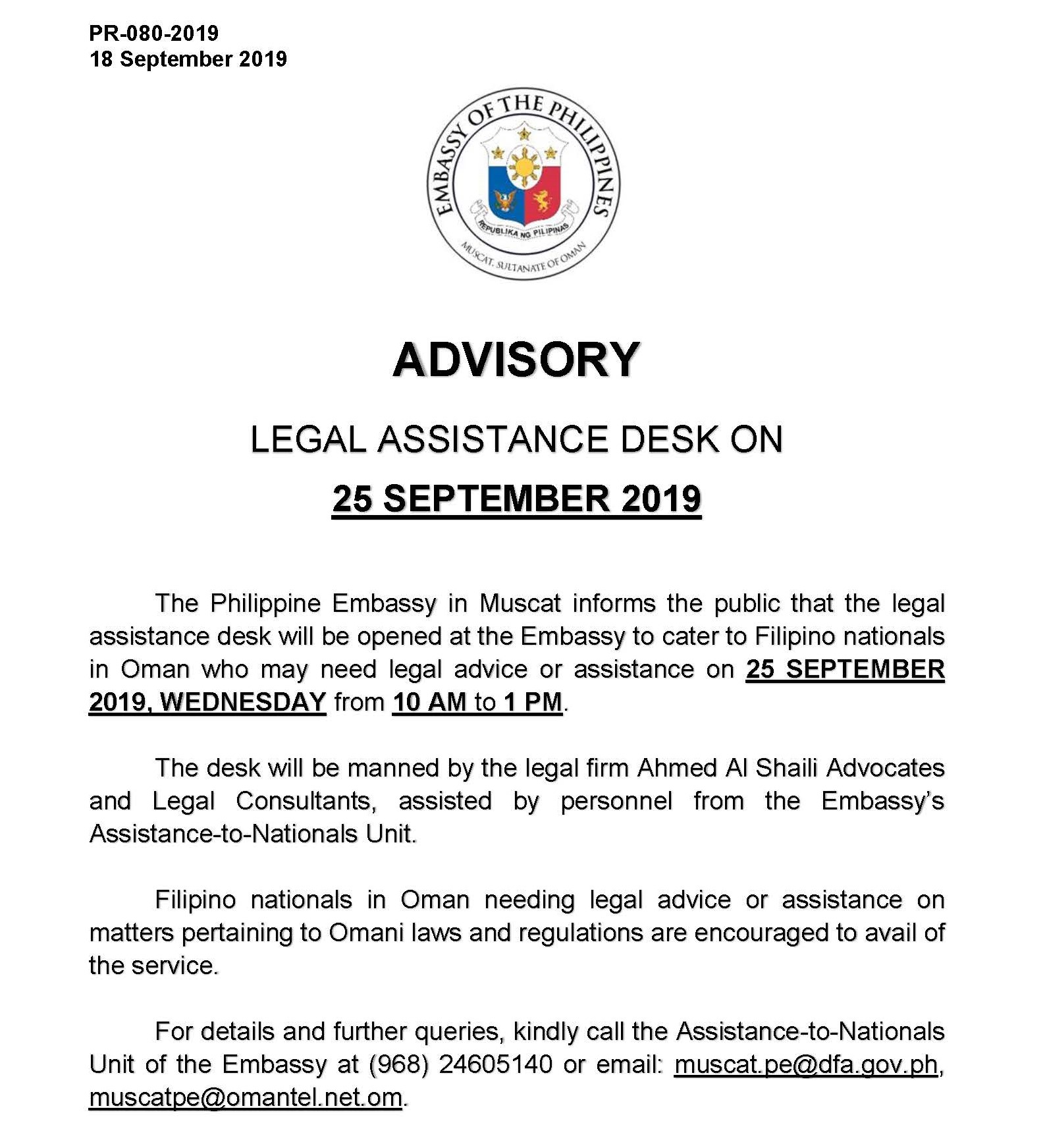 PR 080 2019 LEGAL ASSISTANCE DESK ON 25 SEPTEMBER 2019 for posting