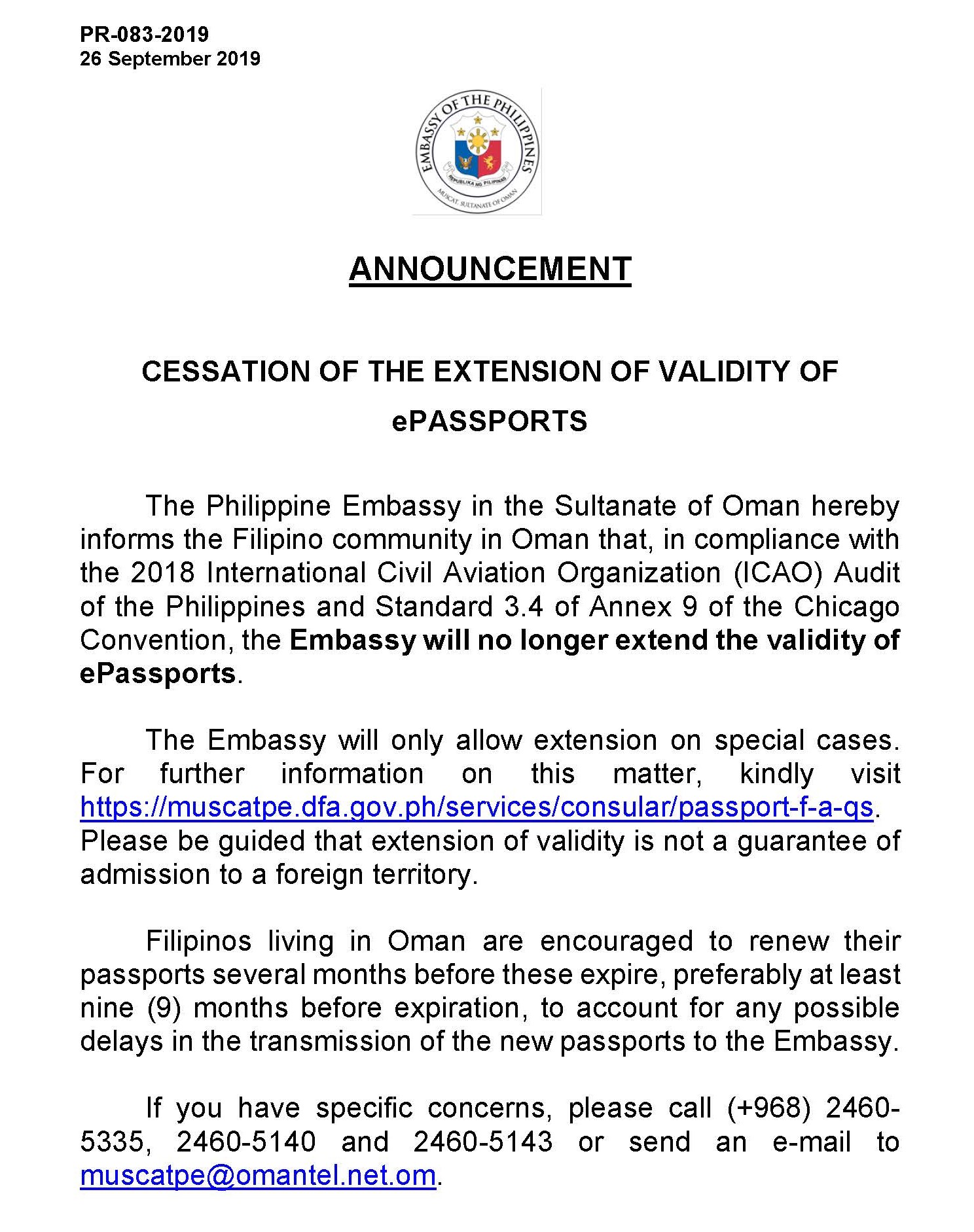 PR 083 2019 cessation of the extension of validity of epassports for posting