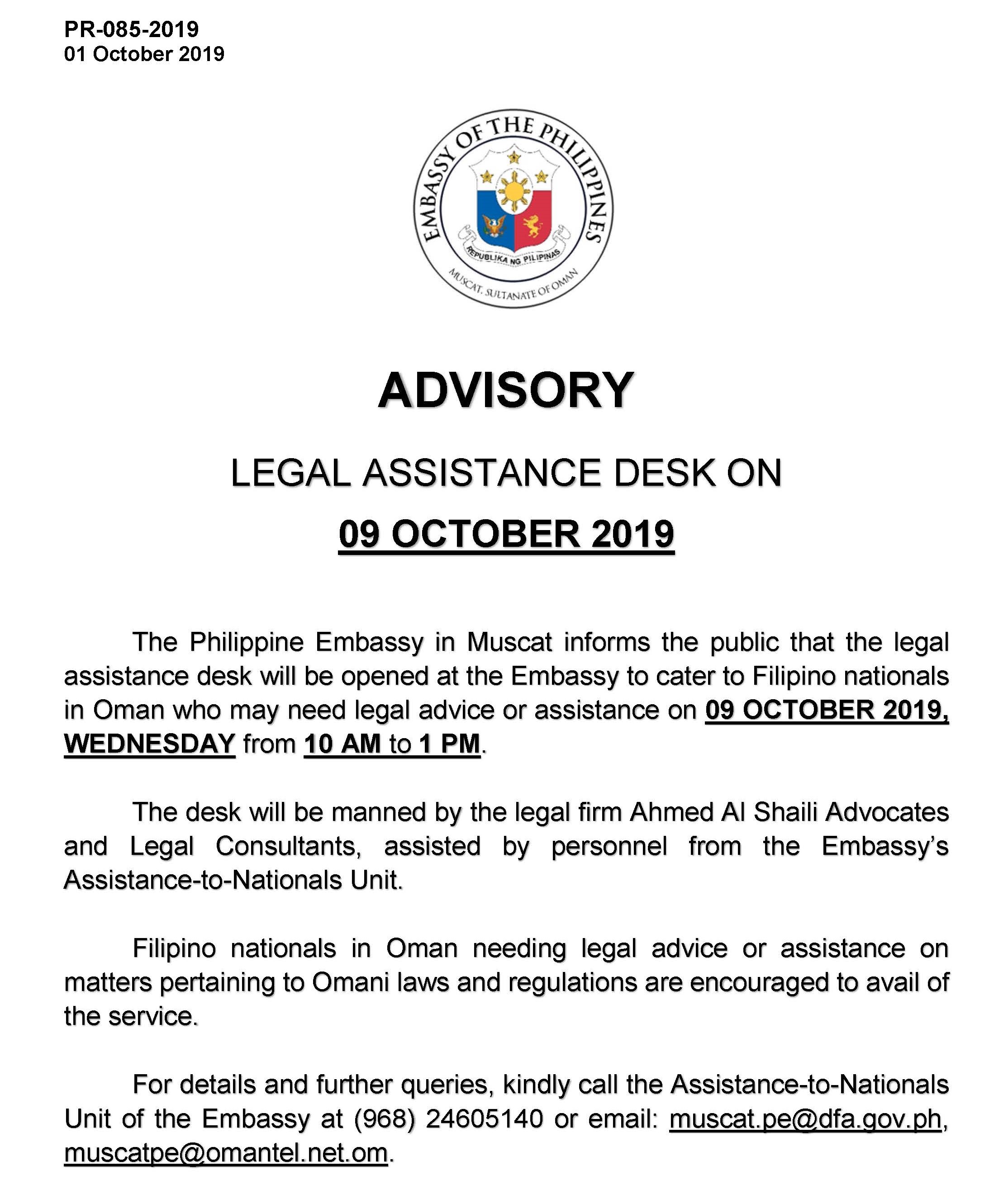 PR 085 2019 LEGAL ASSISTANCE DESK ON 01 OCTOBER 2019 FOR POSTING