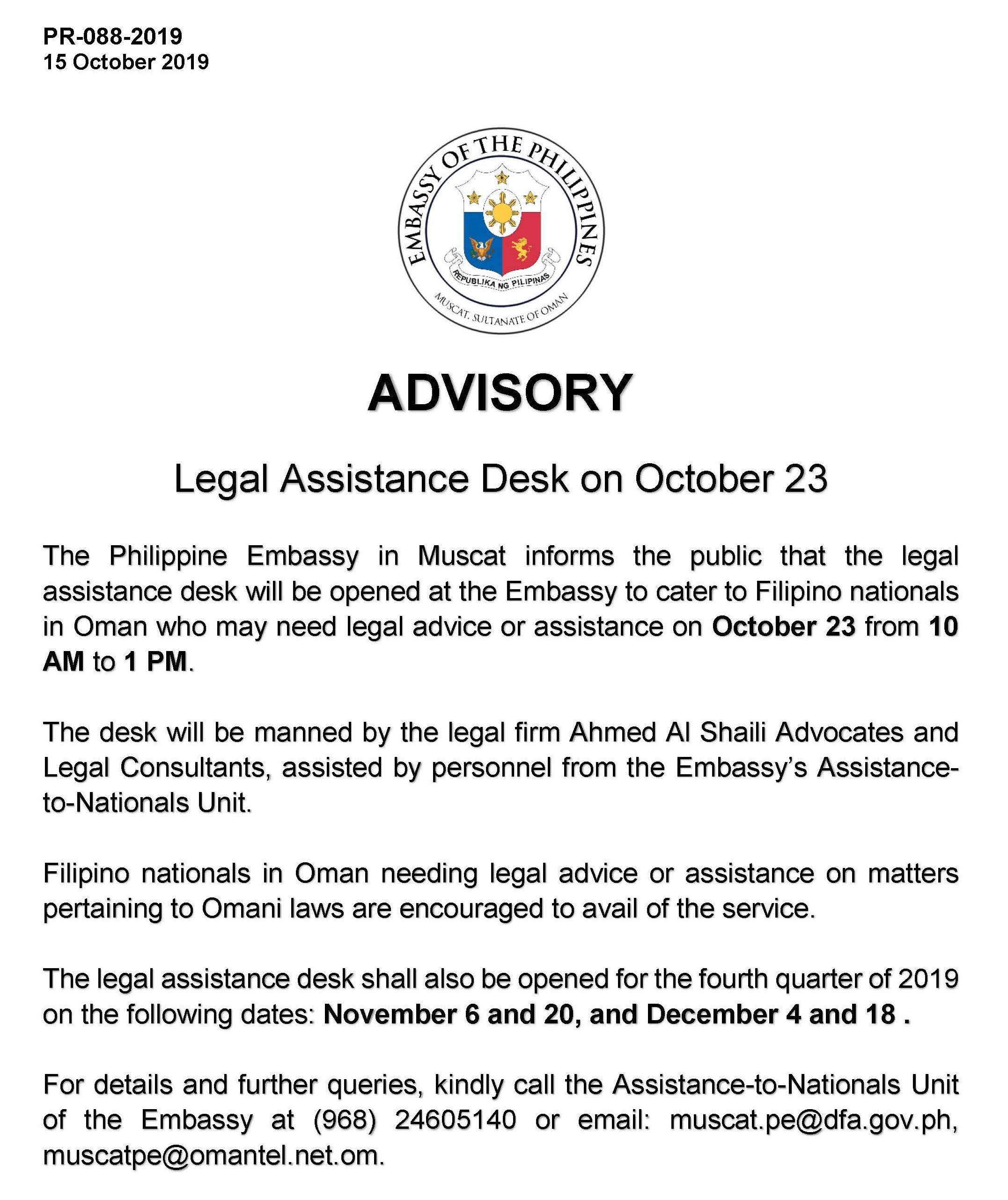 PR 088 2019 Advisory Legal Desk at Embassy October 23 2019 for posting