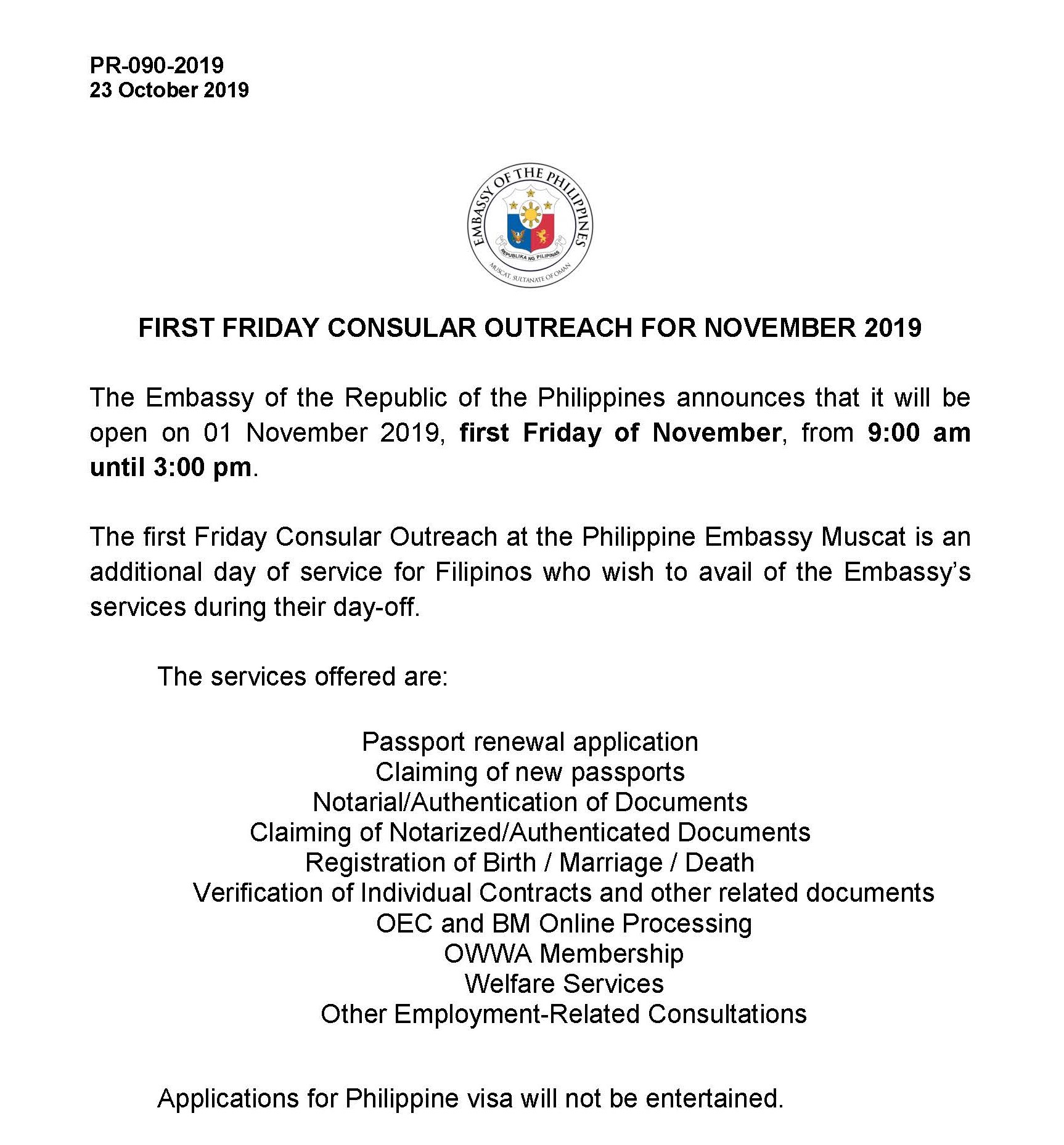 PR 090 2019 FIRST FRIDAY CONSULAR OUTREACH FOR NOVEMBER 2019 for POSting