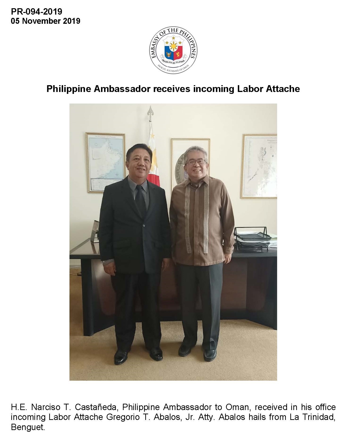 PR 094 2019 Philippine Ambassador receives incoming Labor Attache for posting