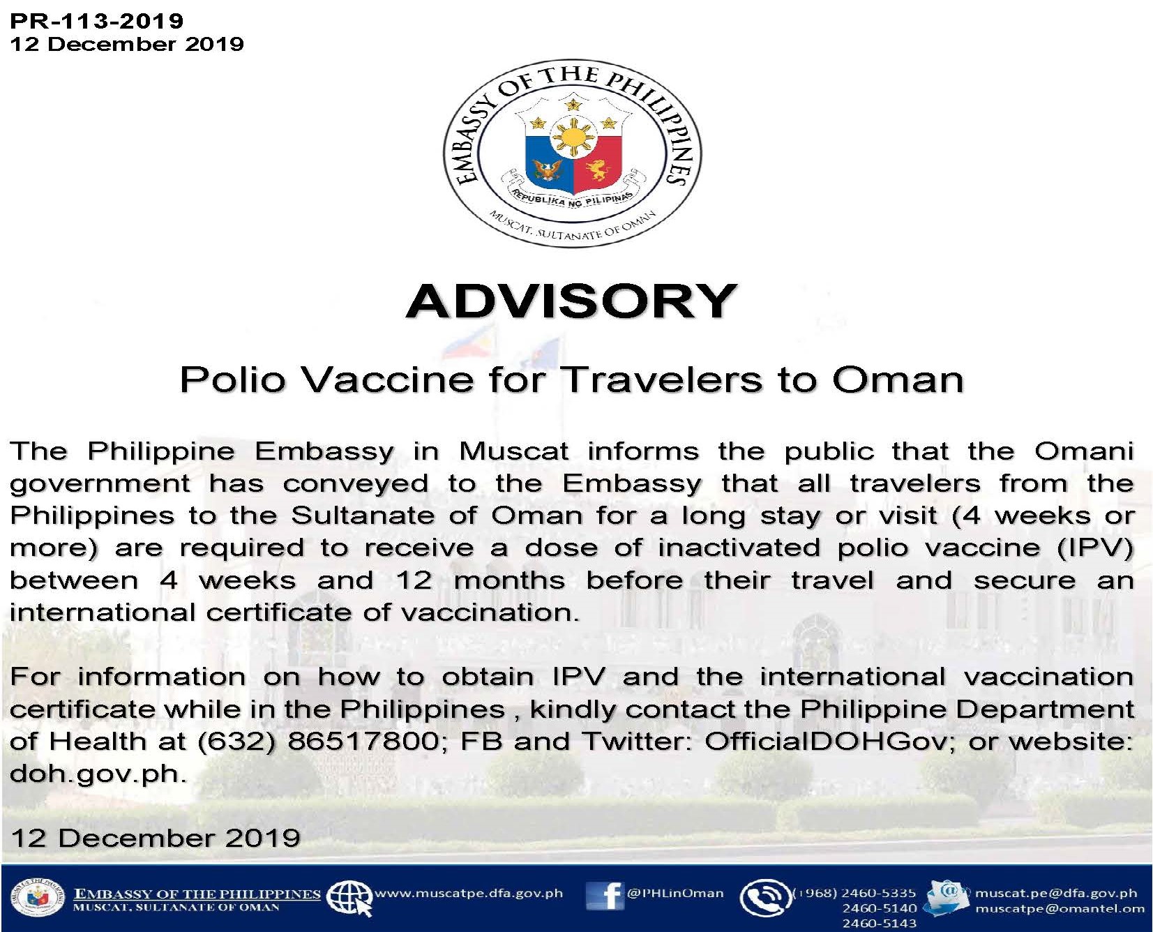 PR 113 2019 Polio Vaccine for Travelers to Oman for posting