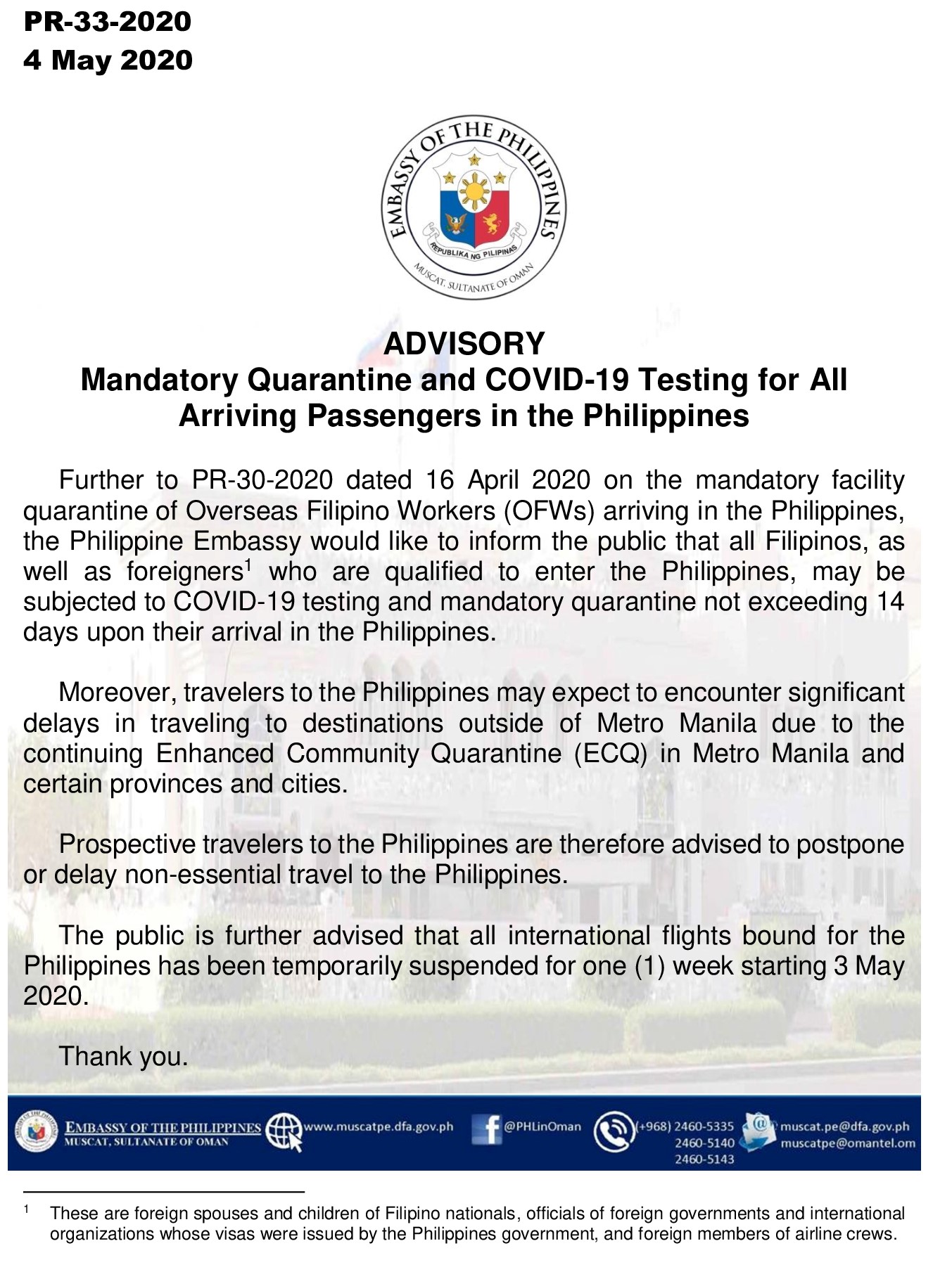 PR 33 2020 mandatory quarantine for arrivals in PH english for posting