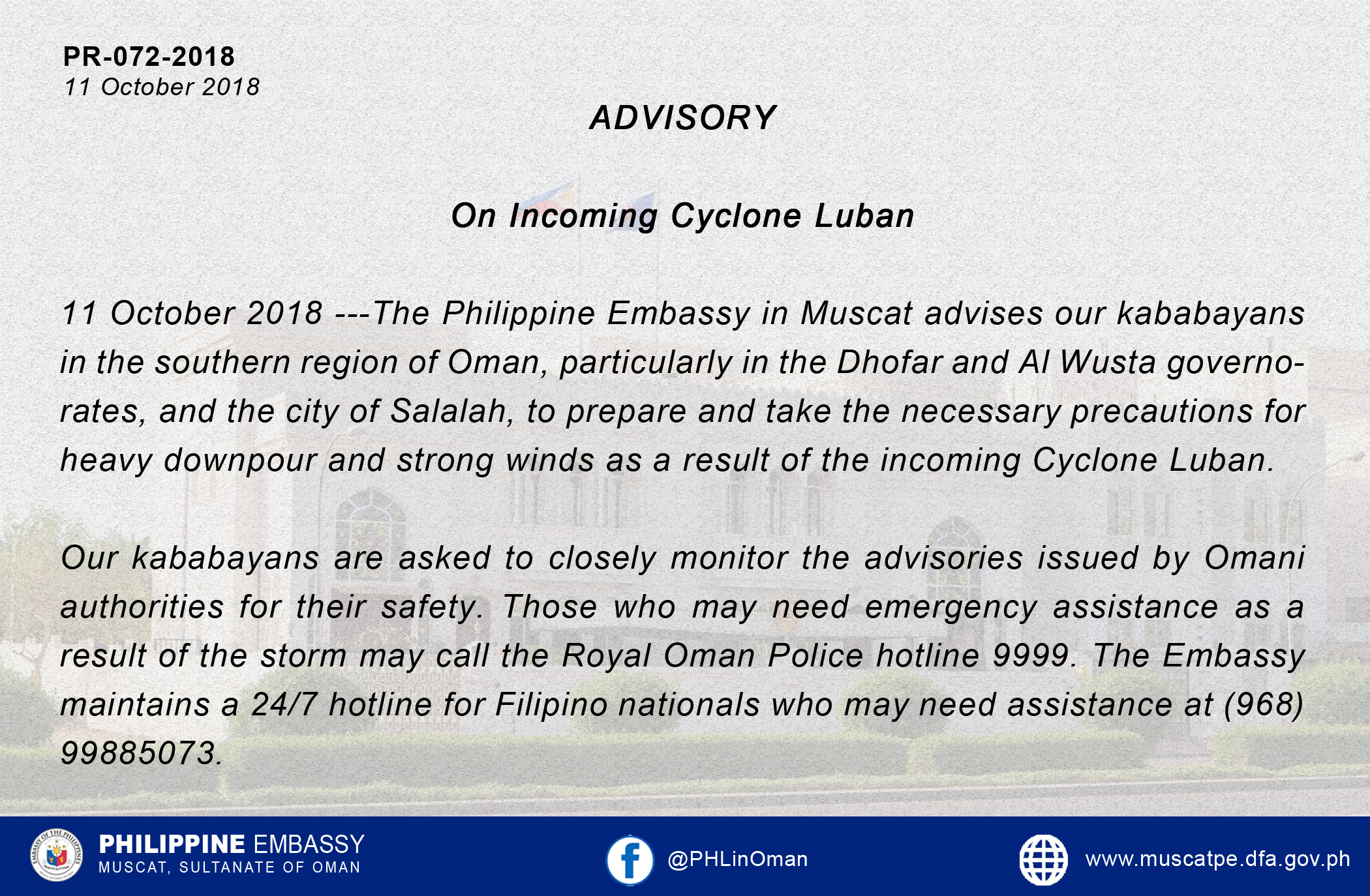 PR 072 2018 ADVISORY On Incoming Cyclone Luban